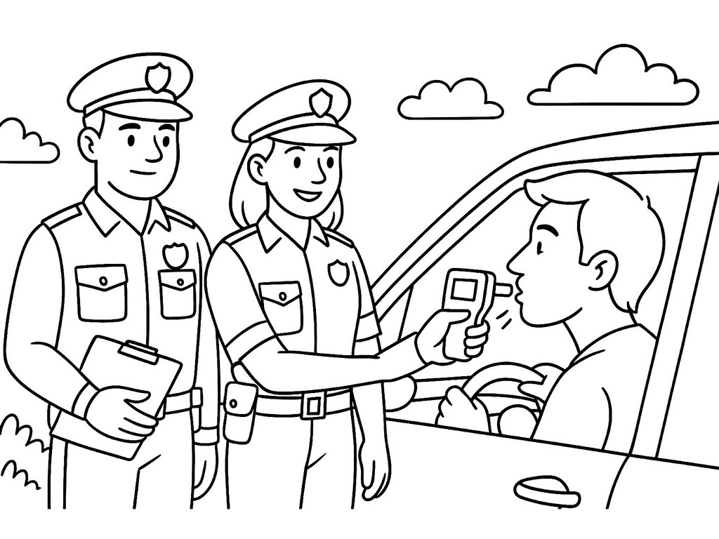 Ausmalbild Verkehrskontrolle Alkoholtest