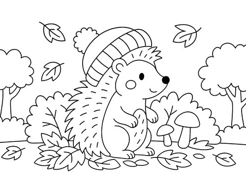 Thumbnail Ausmalbild Herbst Igel Laub