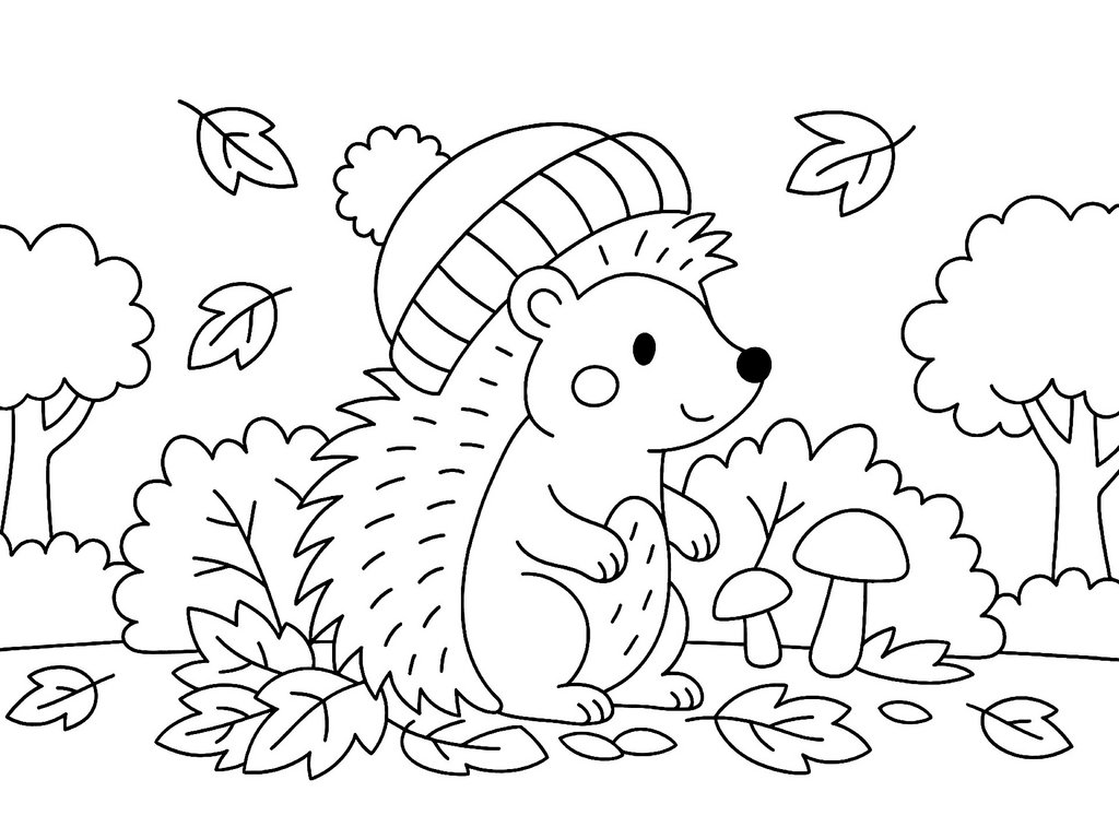 Ausmalbild Herbst Igel Laub