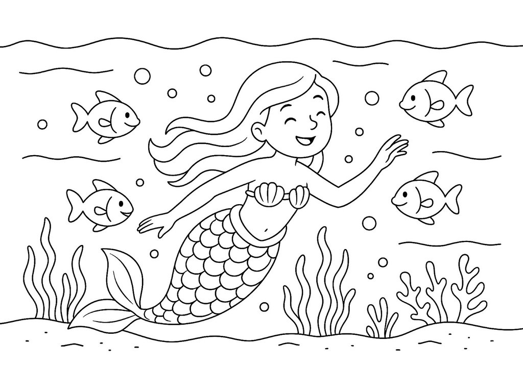 Ausmalbild Meerjungfrau schwimmt mit Fischen