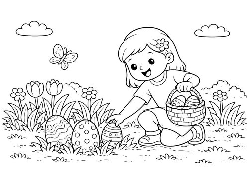 Thumbnail Ausmalbild Ostern Mädchen sucht Ostereier