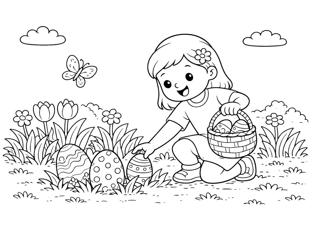 Ausmalbild Ostern Mädchen sucht Ostereier