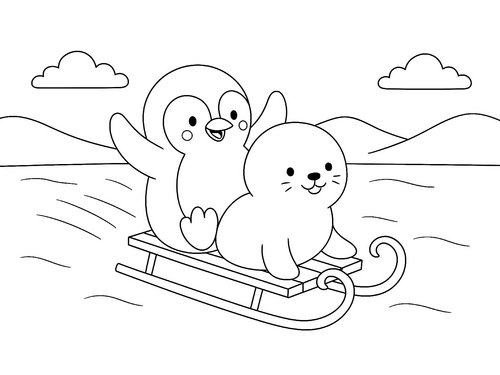 Thumbnail Ausmalbild Pinguin fährt mit Robbe Schlitten
