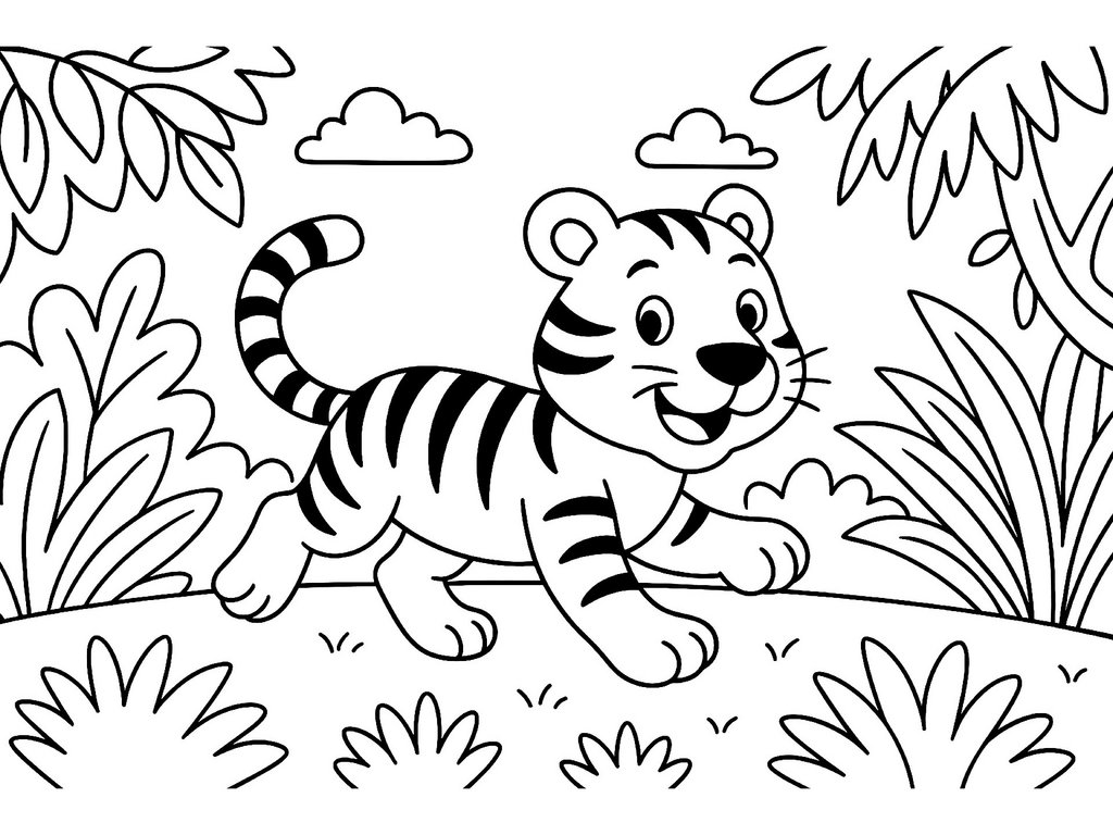 Ausmalbild kleiner Tiger im Dschungel