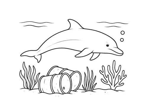 Thumbnail Ausmalbild Delfin und Fässer