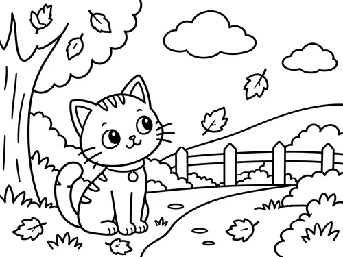 Thumbnail Ausmalbild Herbst Katze am Wegrand