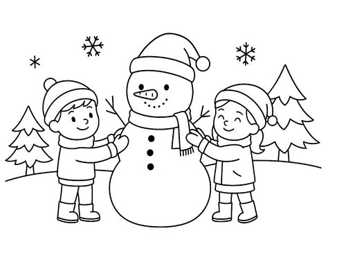Thumbnail Ausmalbild Weihnachten Kinder bauen Schneemann