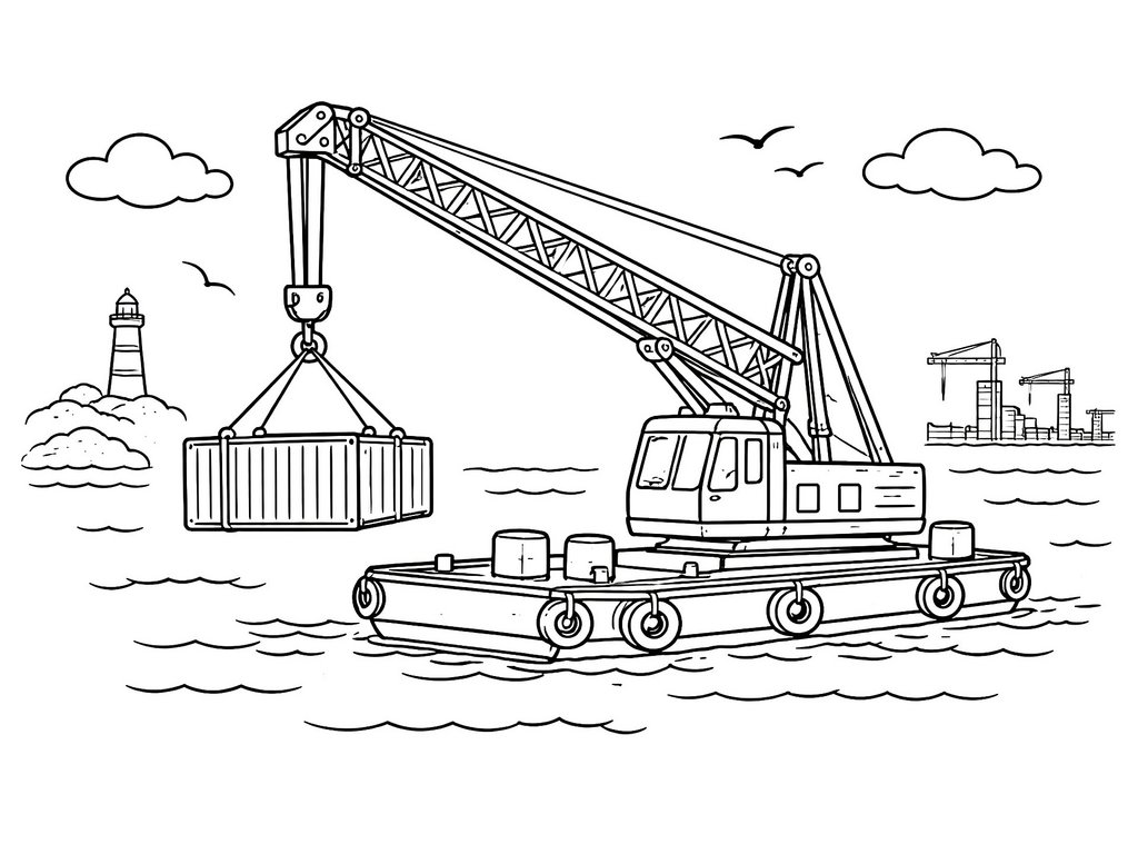 Ausmalbild Kran Schwimmkran hebt Container
