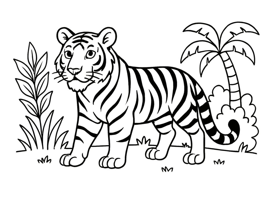 Ausmalbild Tiger im Dschungel Variante 2