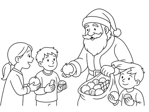 Thumbnail Ausmalbild Nikolaus verteilt Geschenke