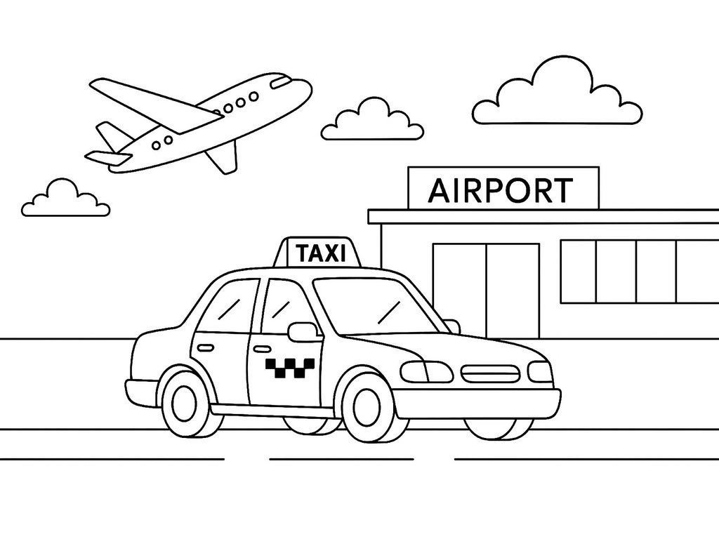 Ausmalbild Taxi am Flughafen
