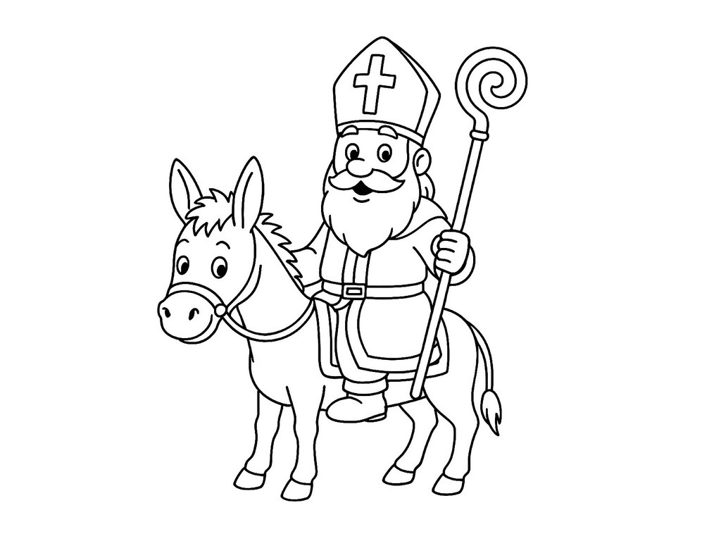 Ausmalbild Nikolaus auf Esel