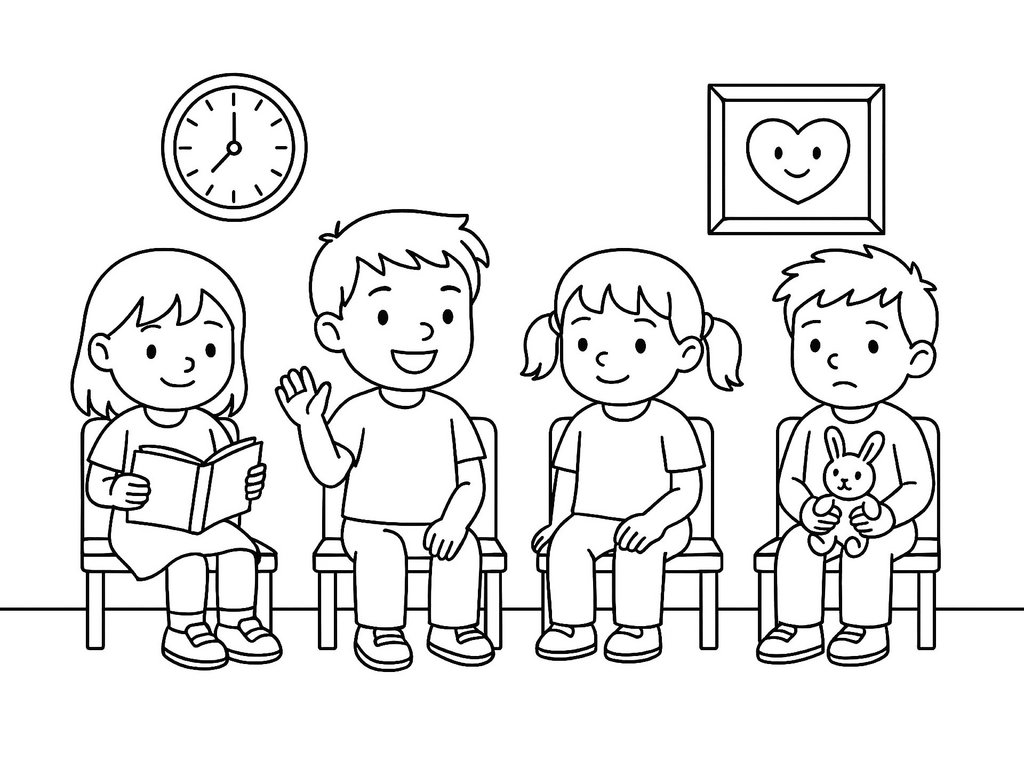 Ausmalbild Kinder im Wartezimmer