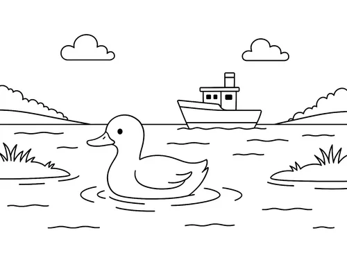 Thumbnail Ausmalbild Ente am See mit Schiff im Hintergrund
