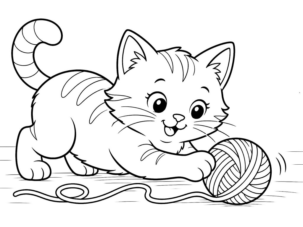 Ausmalbild Katze mit Wollkäul Variante