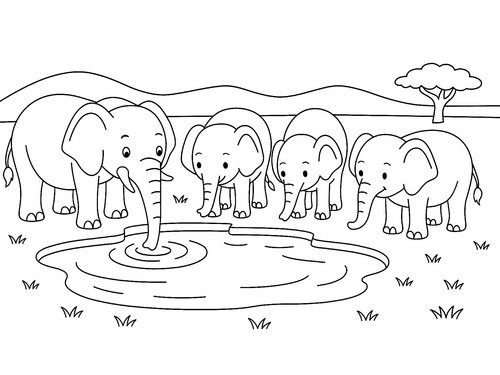Thumbnail Ausmalbild Elefanten am Trinkloch