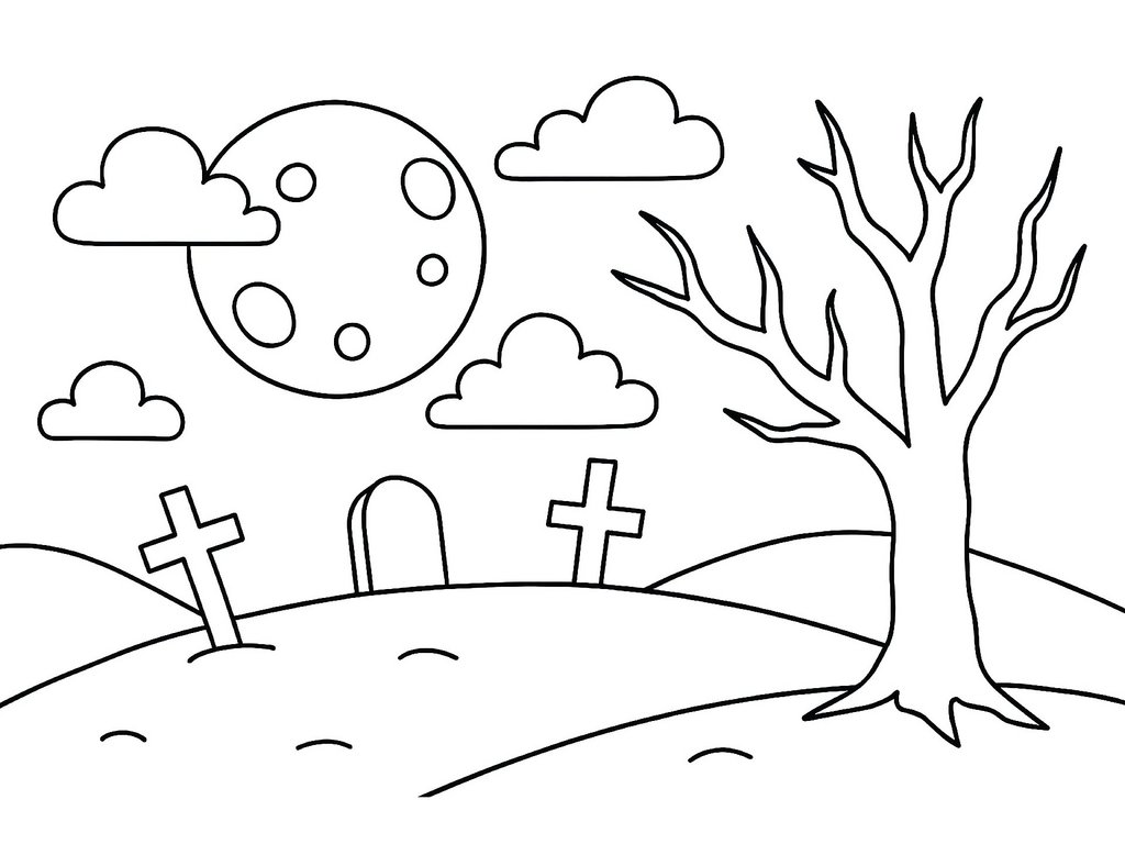 Ausmalbild Halloween Friedhof