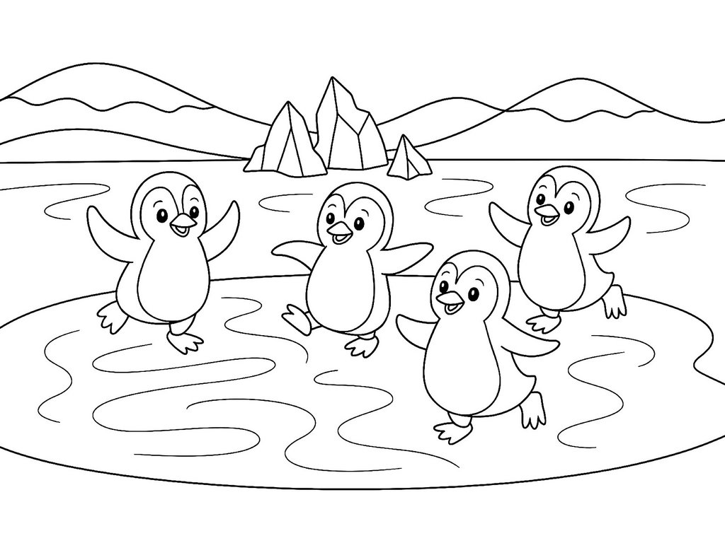 Ausmalbild Pinguin tanzende kleine Pinguine