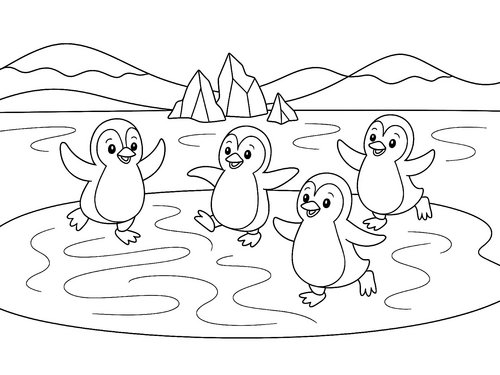 Thumbnail Ausmalbild Pinguin tanzende kleine Pinguine