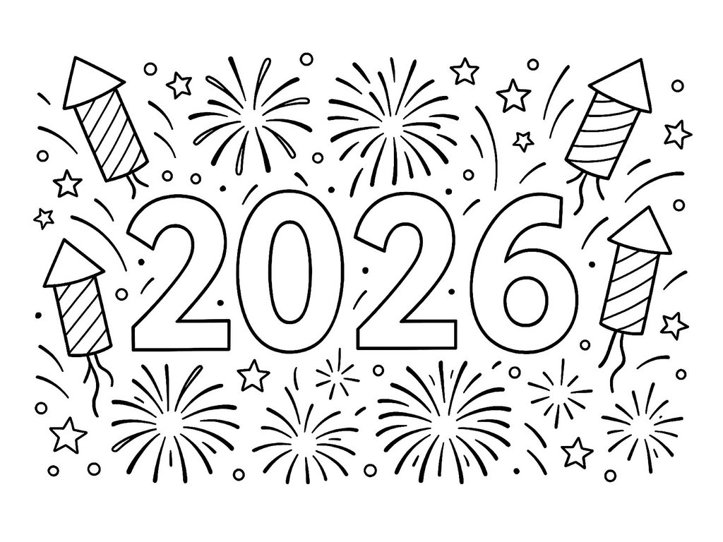 Ausmalbild 2026 mit Feuerwerk