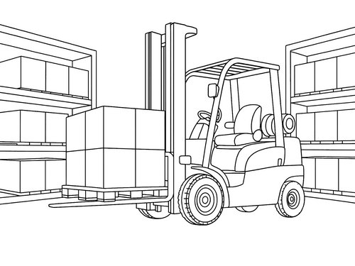 Thumbnail Ausmalbild Gabelstapler in Lagerhalle