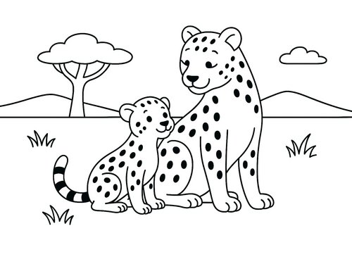 Thumbnail Ausmalbild Gepard mit Jungem