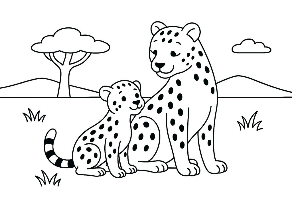 Ausmalbild Gepard mit Jungem