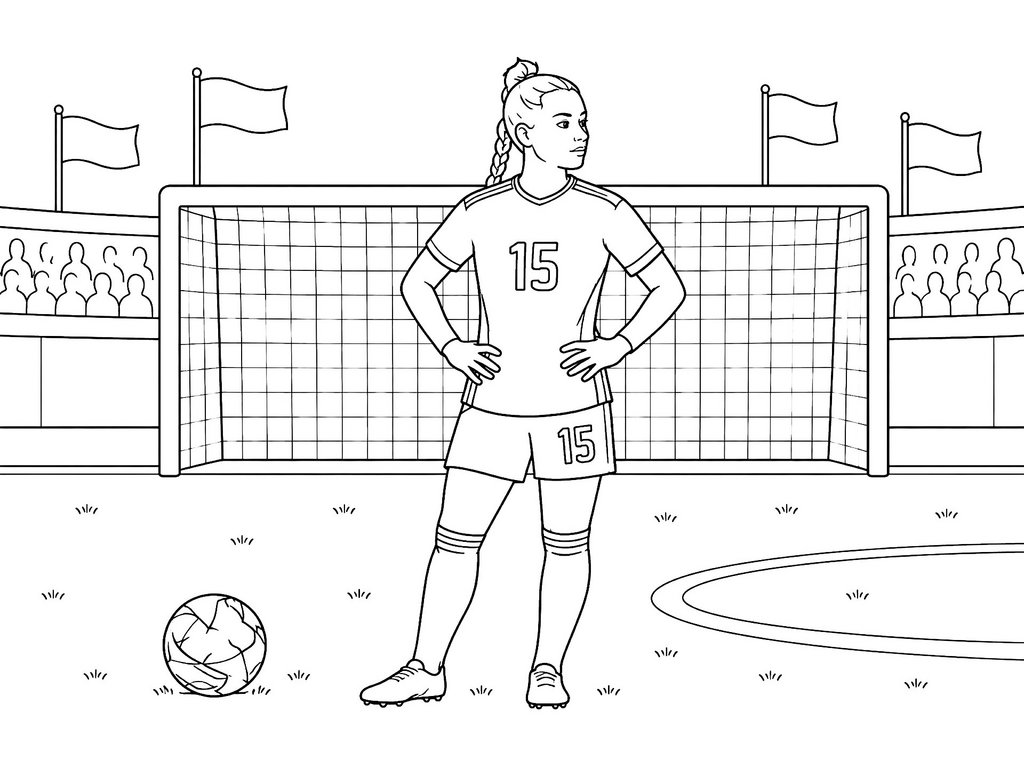 Ausmalbild Sport Fussball Spielerin vor Tor