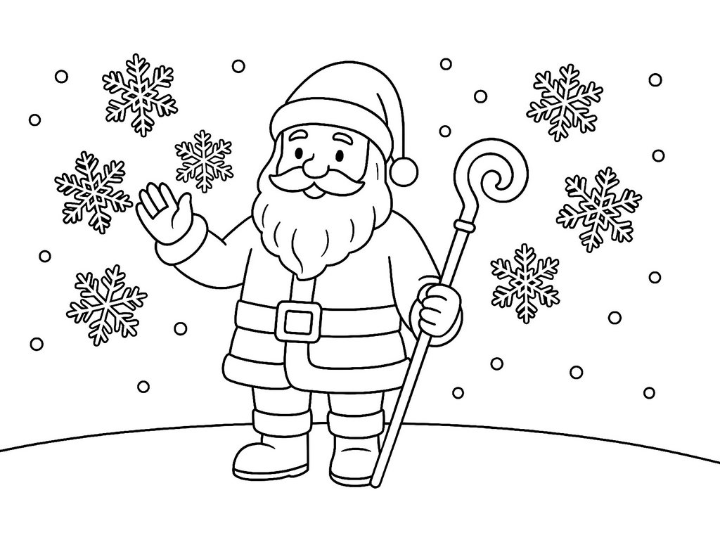 Ausmalbild Nikolaus mit Schneeflocken