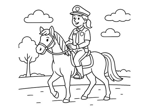 Thumbnail Ausmalbild Polizistin auf Polizeipferd