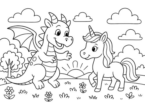 Thumbnail Ausmalbild Drache und Einhorn Sonnenuntergang