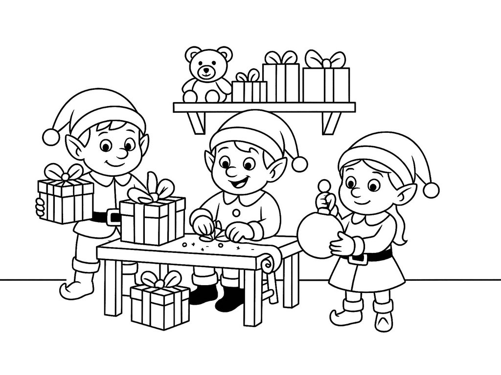 Ausmalbild Weihanchten Wichtel packen Geschenke