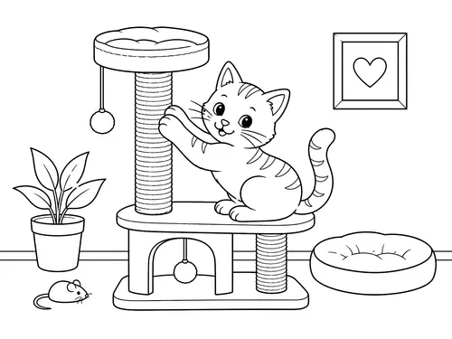 Thumbnail Ausmalbild Katze am Kratzbaum
