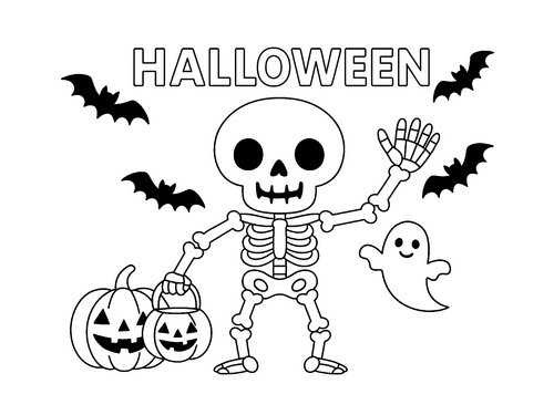 Thumbnail Ausmalbild Halloween Skelett mit Schrifzug