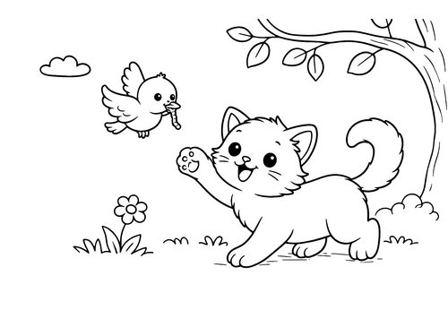 Thumbnail Ausmalbild Katze versucht Vogel zu fangen