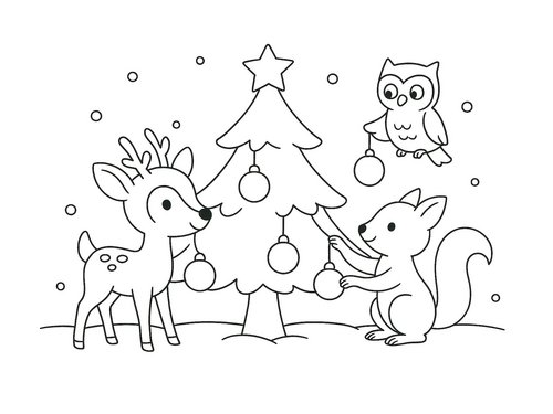 Thumbnail Ausmalbild Tiere schmücken einen Weihnachtsbaum