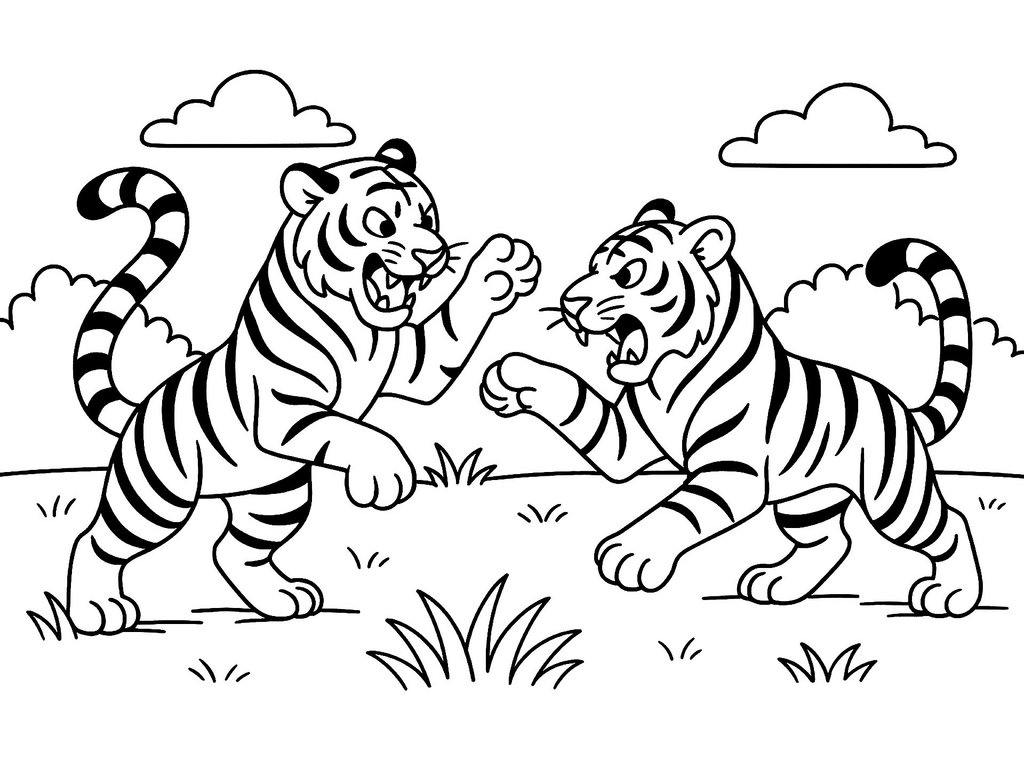 Ausmalbild kämpfende Tiger