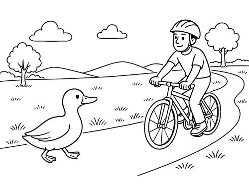 Thumbnail Ausmalbild Ente und Radfahrer