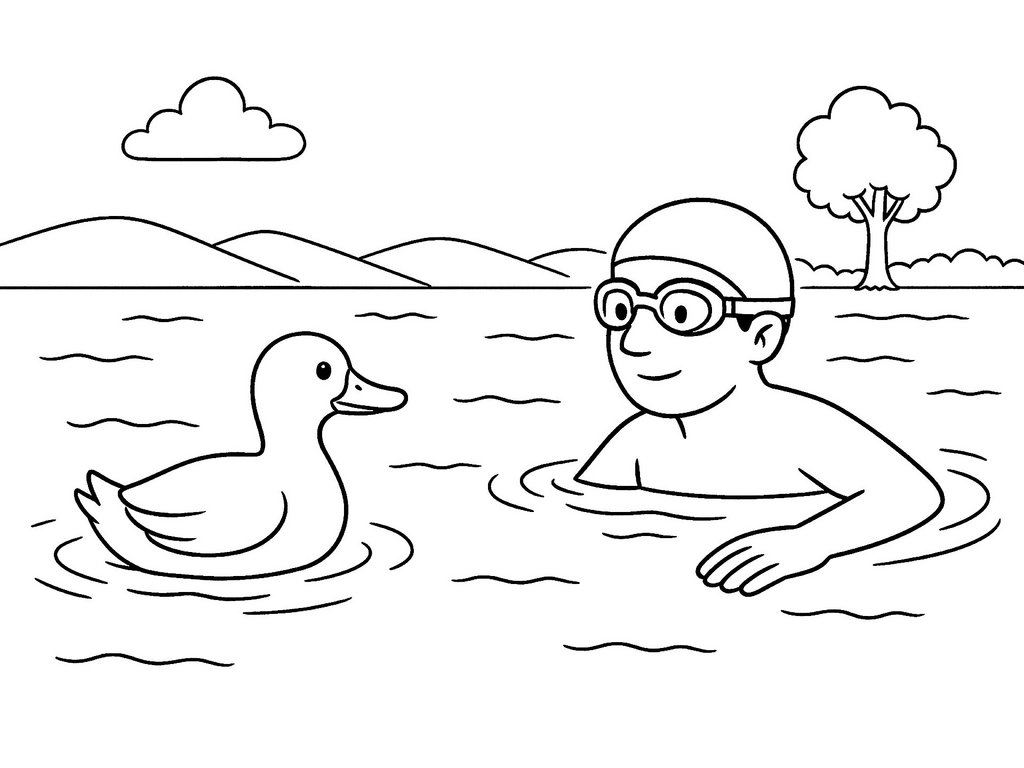 Ausmalbild Ente trifft auf Schwimmer