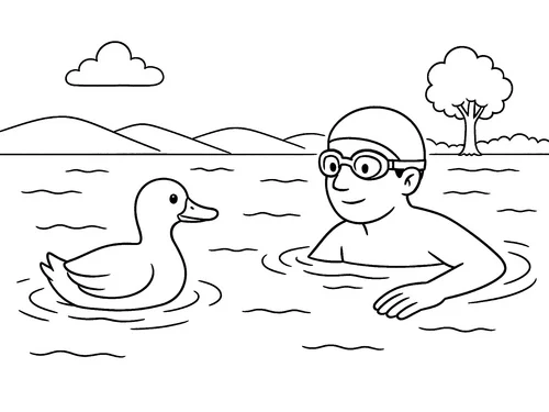 Thumbnail Ausmalbild Ente trifft auf Schwimmer