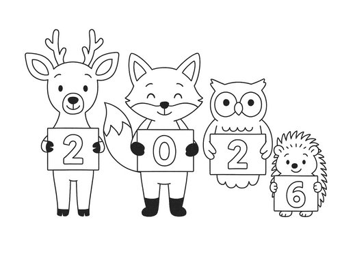 Thumbnail Ausmalibld 2026 Tiere halten Schilder mit Zahlen hoch