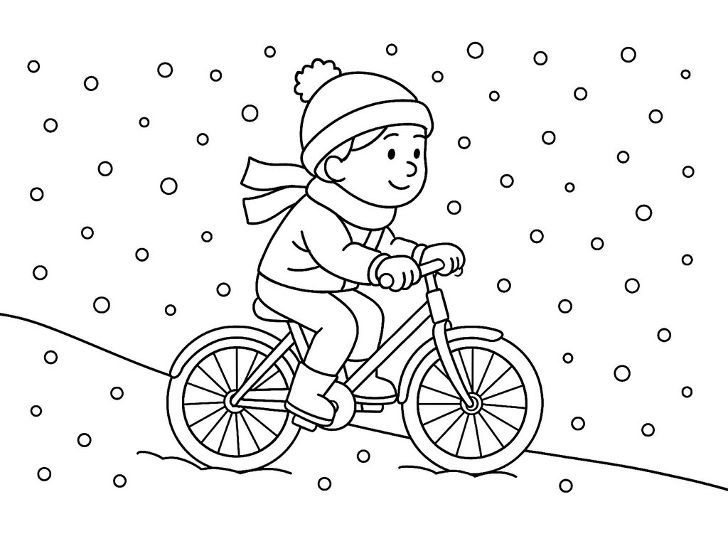 Ausmalbild Winter Fahrradfahrer im Schnee
