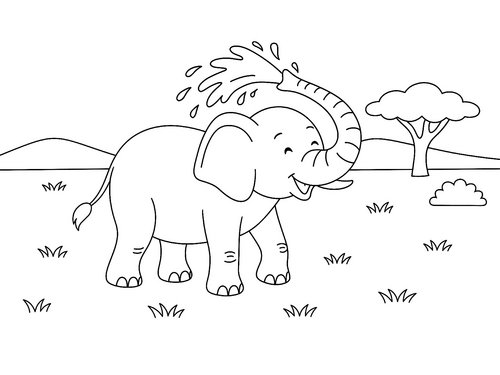 Thumbnail Ausmalbild Elefant spritzt sich ab