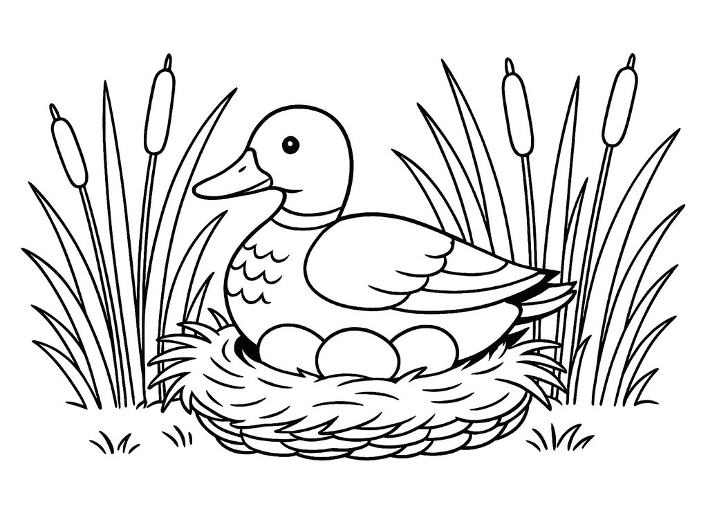 Ausmalbild Ente brütet im Schilf