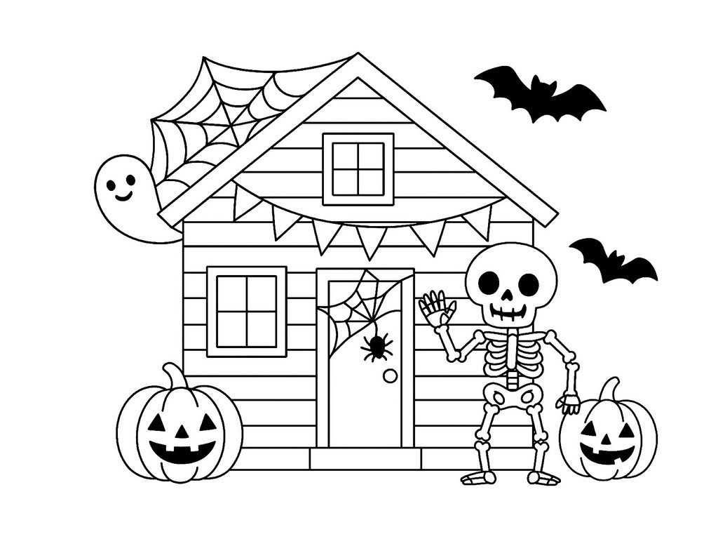 Ausmalbild Halloween Spukhaus mit Skelett