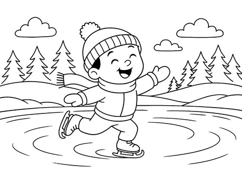 Thumbnail Ausmalbild Winter Junge beim Schlittschuhlaufen