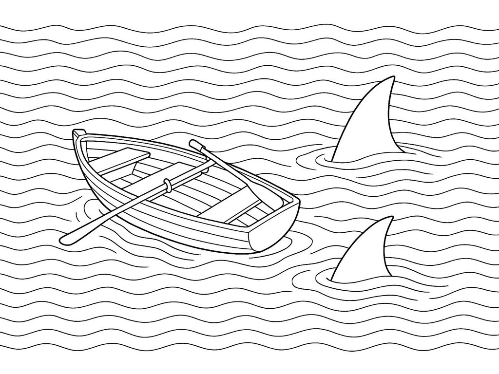 Ausmalbild Haifischflossen und Boot