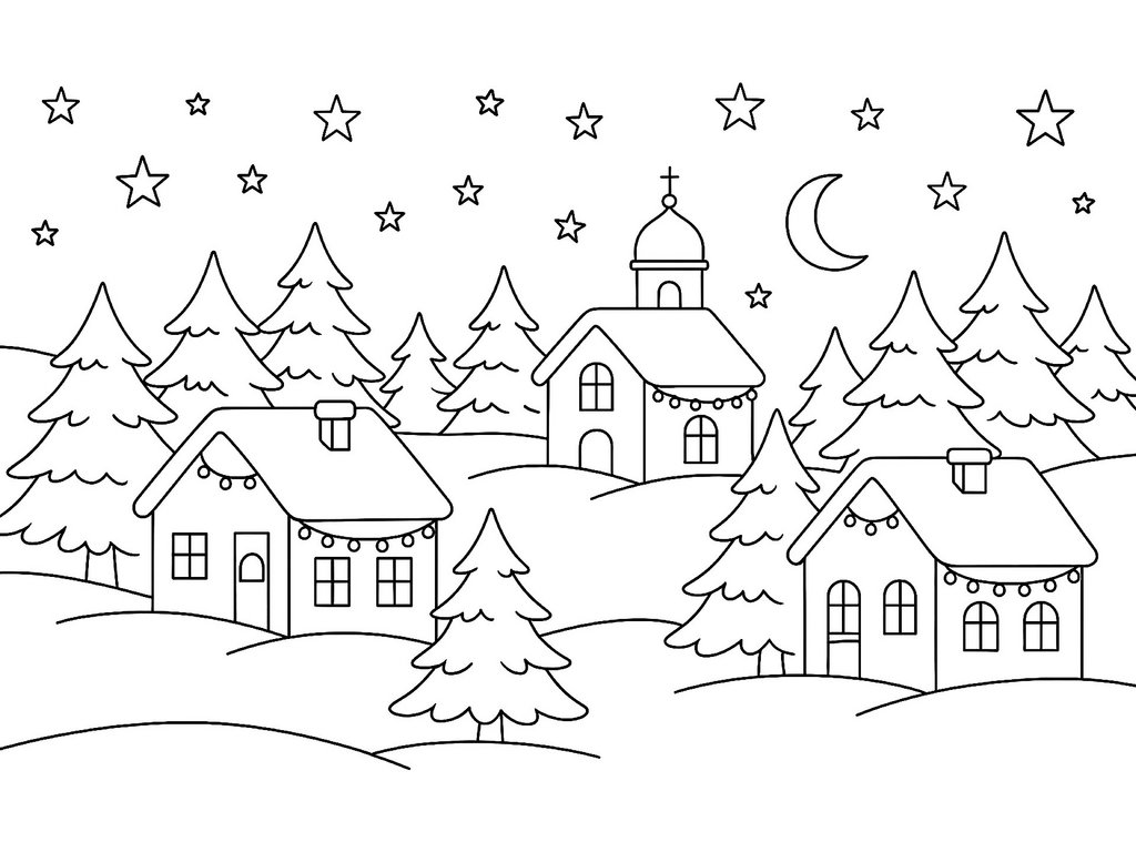 Ausmalbild Winter Winterdorf