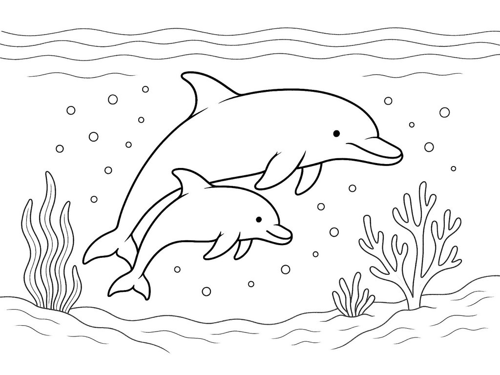 Ausmalbild Delfinmutter unter Wasser