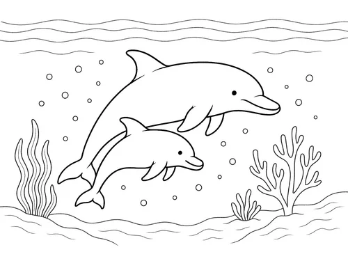 Thumbnail Ausmalbild Delfinmutter unter Wasser